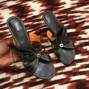 Y2K Vintage Cole Haan Strappy Leather Mules Kitten Heels Sandals Brown Slip On